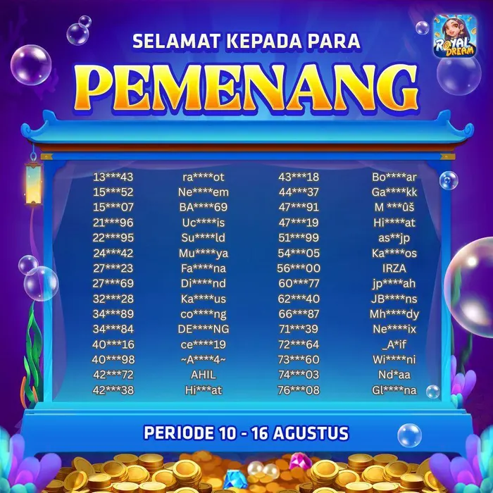 Daftar pemenang event Royal Dream 10–16 Agustus 2026 (bagian 1)