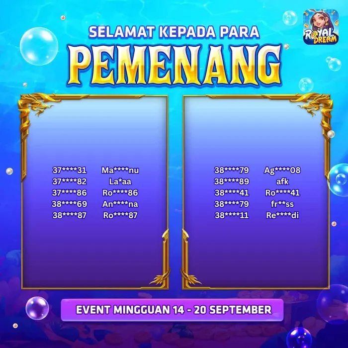 Daftar pemenang Royal Dream 14–20 September 2026 (bagian 9)