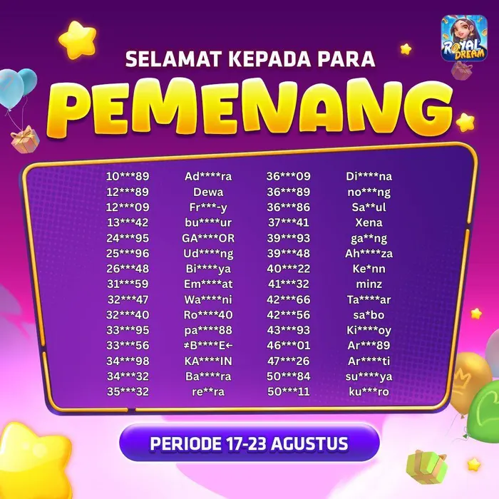 Daftar pemenang event Royal Dream 17–23 Agustus 2026 (bagian 1)