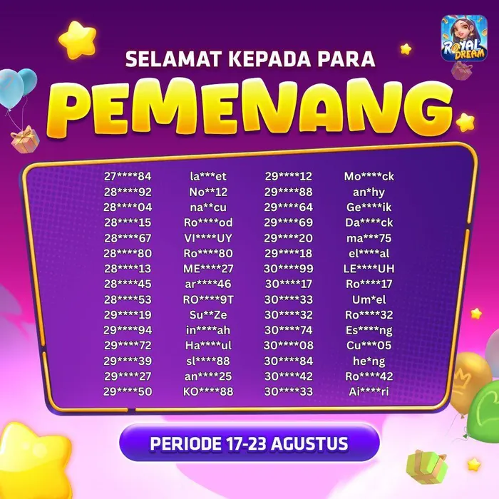 Daftar pemenang event Royal Dream 17–23 Agustus 2026 (bagian 7)