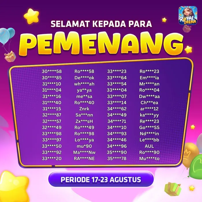 Daftar pemenang event Royal Dream 17–23 Agustus 2026 (bagian 8)
