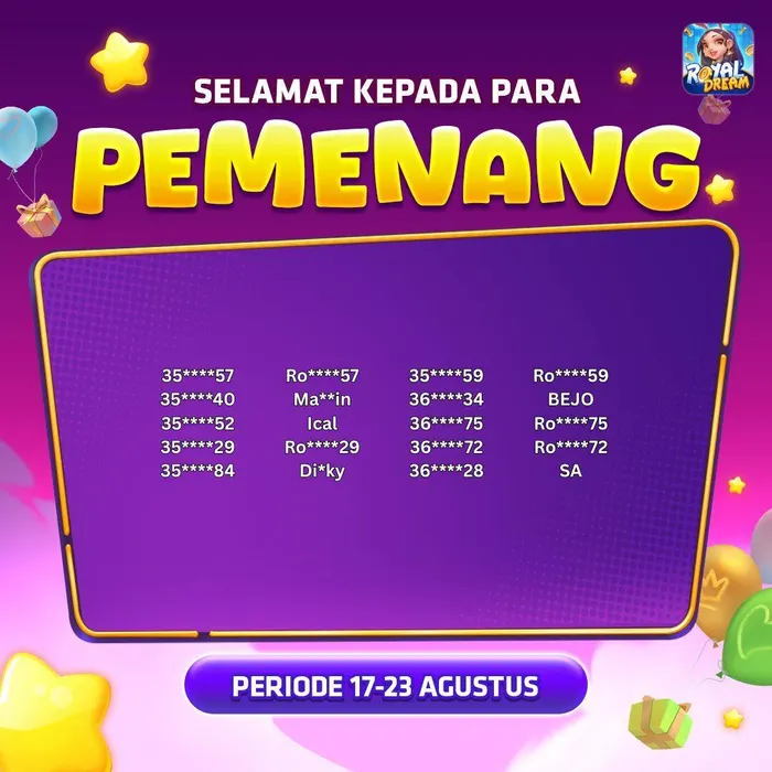 Daftar pemenang event Royal Dream 17–23 Agustus 2026 (bagian 9)