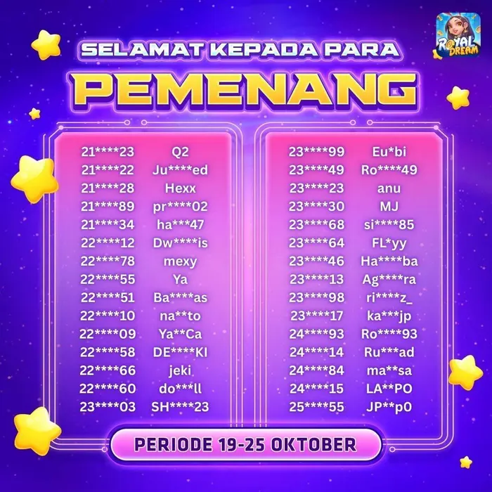 Daftar pemenang Royal Dream 19–25 Oktober 2026 (bagian 6)