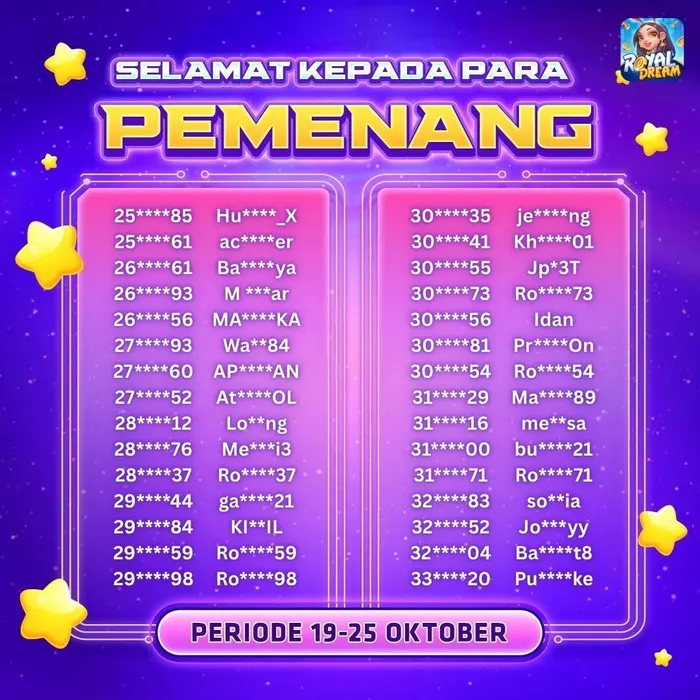 Daftar pemenang Royal Dream 19–25 Oktober 2026 (bagian 7)