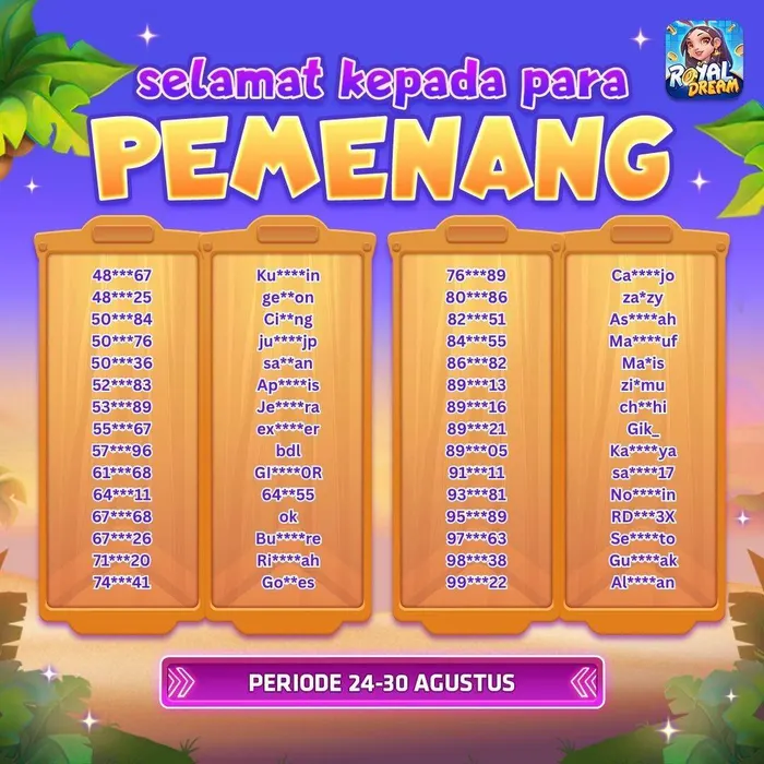 Daftar pemenang event Royal Dream 24–30 Agustus 2026 (bagian 2)