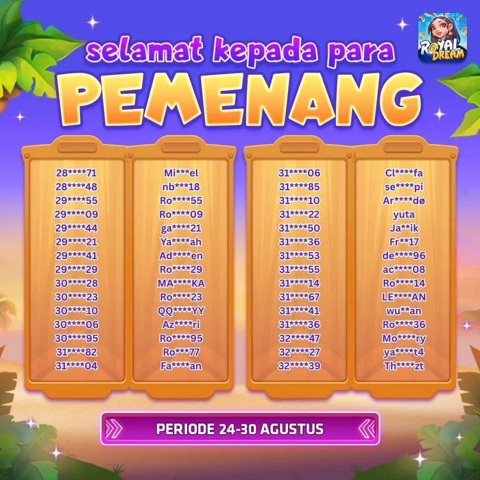 Daftar pemenang event Royal Dream 24–30 Agustus 2026 (bagian 7)