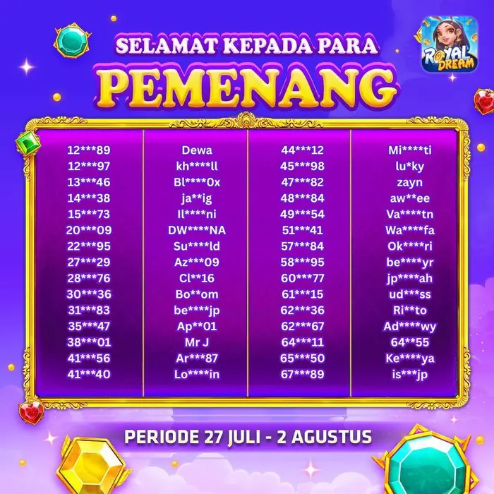 Daftar pemenang event Royal Dream 27 Juli–2 Agustus 2026 (bagian 1)