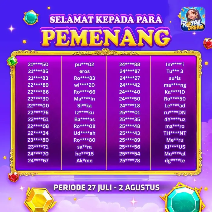 Daftar pemenang event Royal Dream 27 Juli–2 Agustus 2026 (bagian 6)