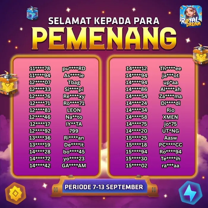 Daftar pemenang event Royal Dream 7–13 September 2026 (bagian 3)