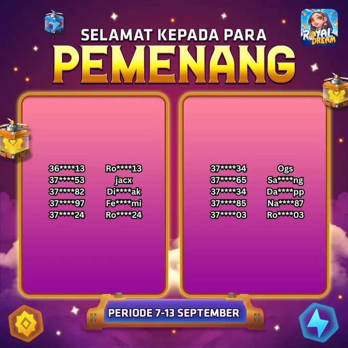 Daftar pemenang event Royal Dream 7–13 September 2026 (bagian 9)
